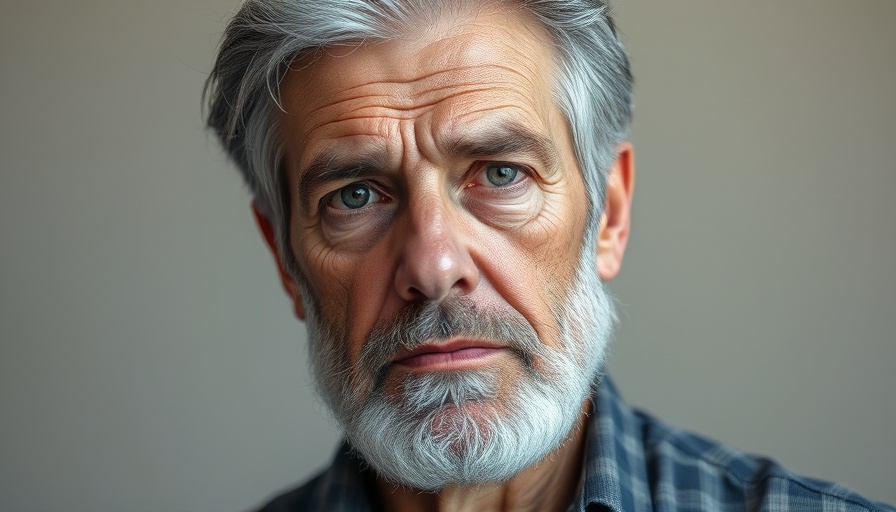 Portrait of older man with gray hair and beard, serious expression, in a mugshot setting.