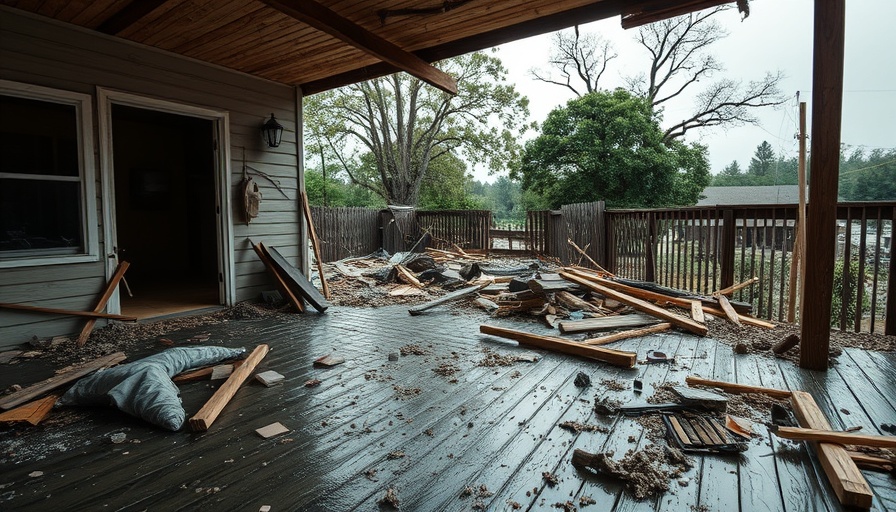 Severely damaged house in Texas after a flood, debris scattered.