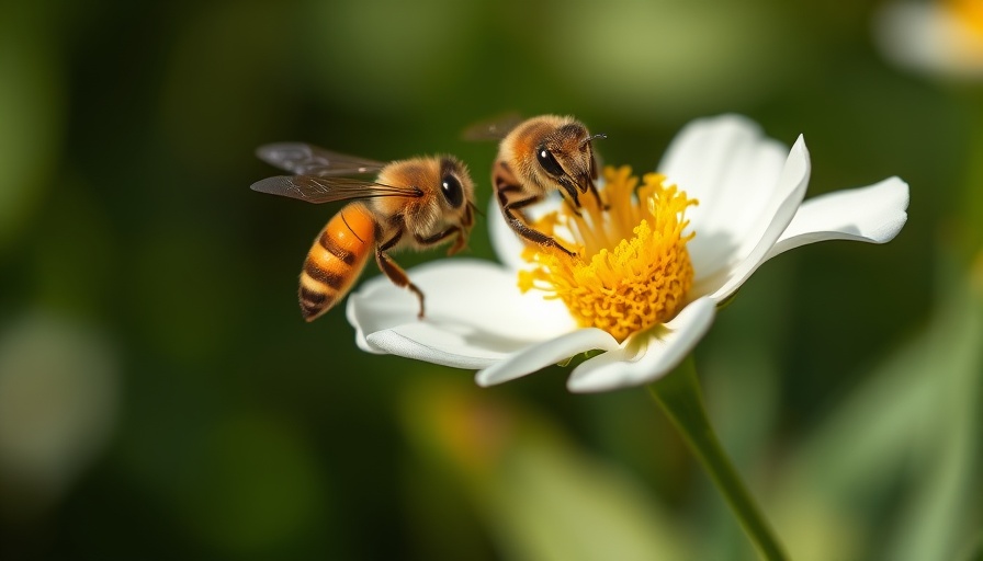 Bee near white flower with yellow center in garden, bee-magnet blooms.