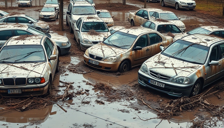 Flooding from Tropical Storm Chantal leaves cars covered in mud and debris.