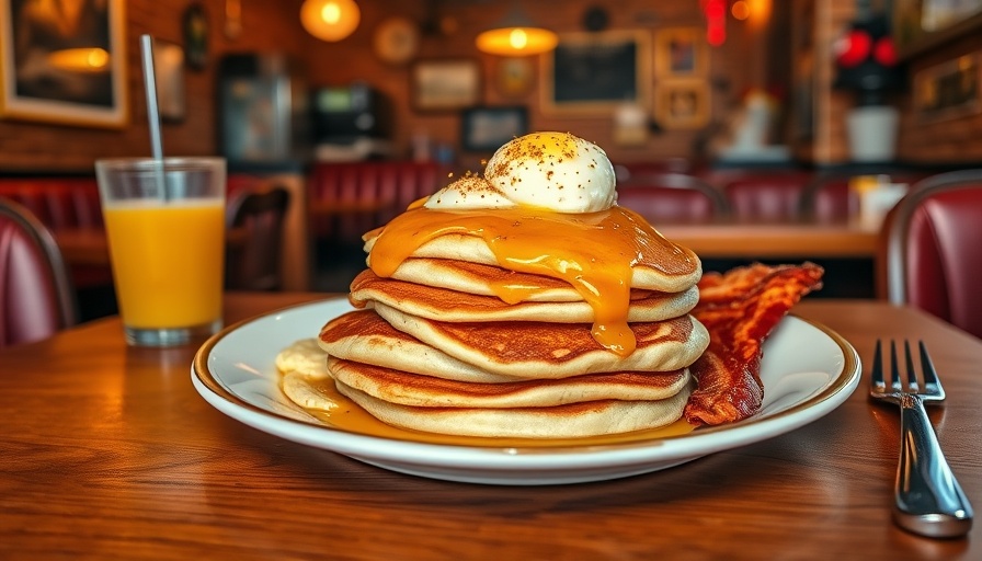 All-day breakfast platter with pancakes and eggs in cozy diner.