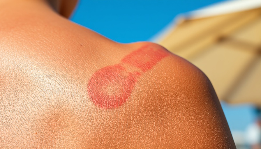 Close-up of sunburnt shoulder with blue strap in sunlight.