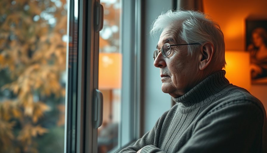 Elderly person looking out window reflecting, soft natural light.