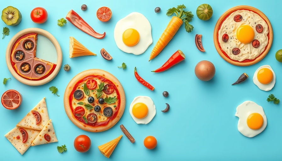 Illustration of diverse foods highlighting daily food decisions on a blue backdrop.