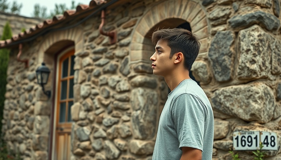 Young man by stone house reflecting on surviving Texas flooding.