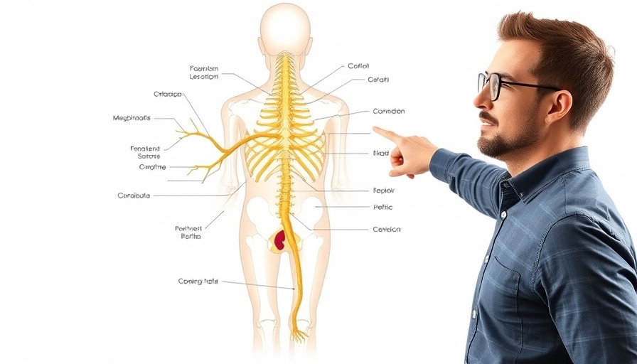 Sciatica pain relief techniques diagram with attentive pointing man.