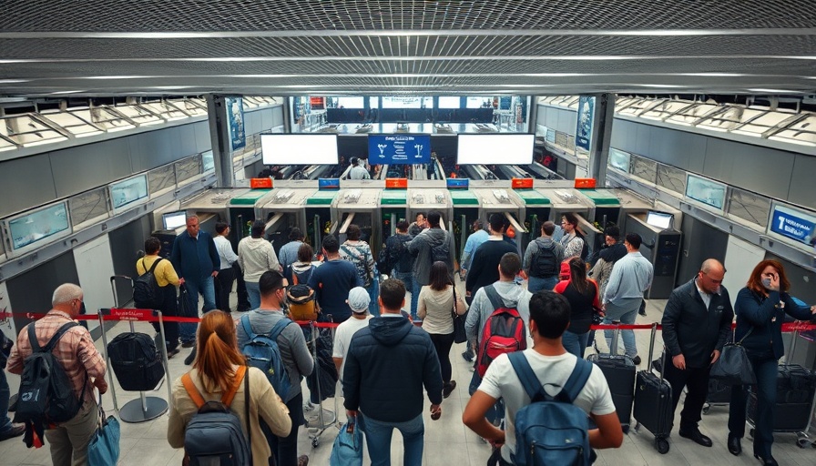 Travelers in line at busy airport security checkpoint.