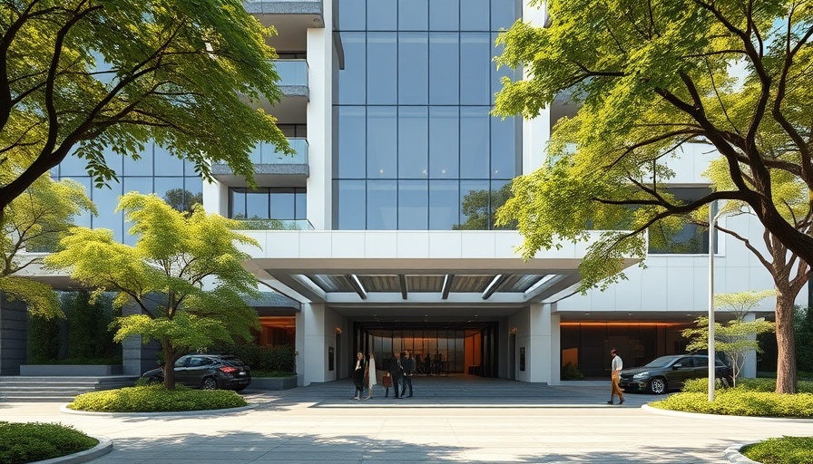 Luxury hotel near Texas State University with modern design and lush greenery.