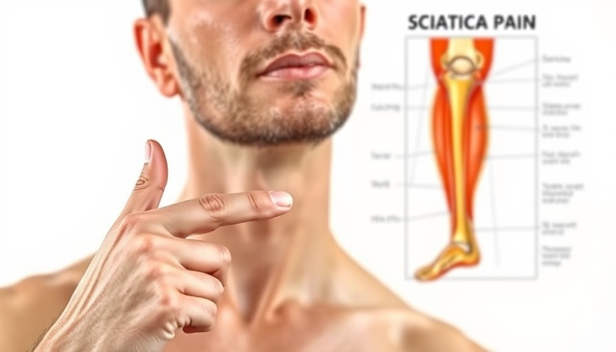 Stop sciatica and back pain fast diagram with pointing man.