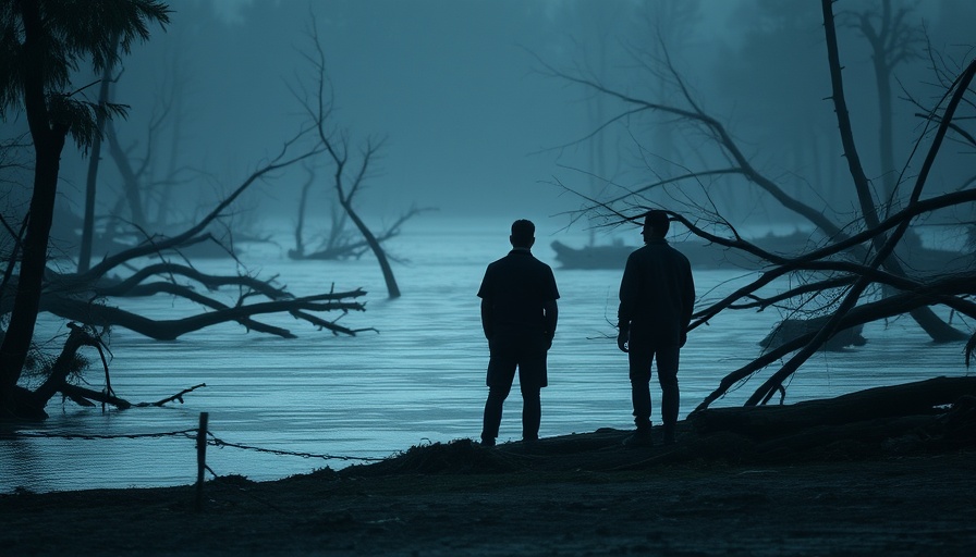 Kerr County floodplain with silhouetted observers and fallen trees.