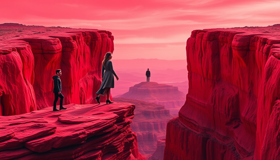 Surreal scene of friendships and romantic relationships with contrasting cliffs.