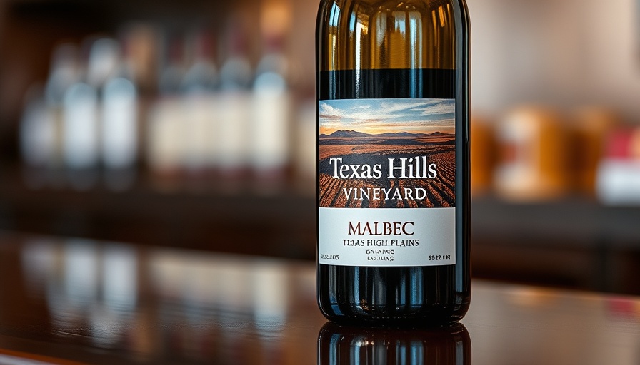 Texas Hills Vineyard wine bottle label featuring Malbec from Texas High Plains.