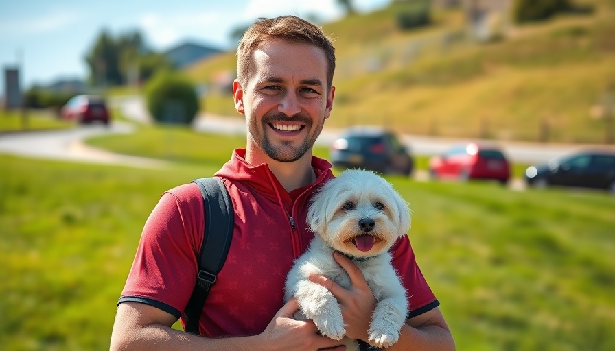 Man holding white dog outdoors on a sunny day, Contacto Collection Vinho Verde.