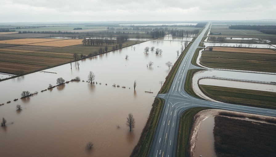 Aerial view of Texas flooding, submerged roads and fields under cloudy sky.