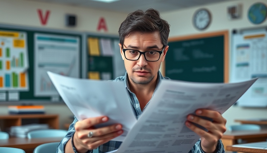 Teacher examining budget papers in classroom, representing Austin ISD budget cuts.