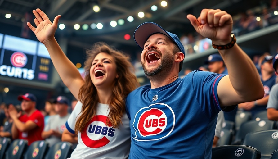 Cubs fans cheering enthusiastically in a broadcast booth.