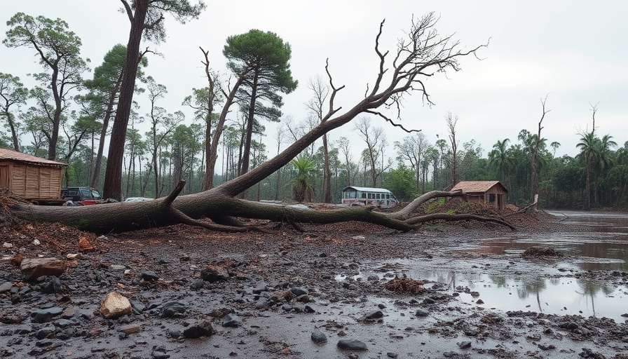 Uprooted trees and flooding aftermath in Texas landscape.