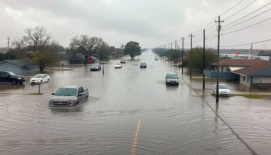 Flooded Texas town illustrating tragedy, submerged vehicles, overcast skies.