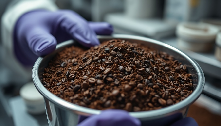 Laboratory testing of recycled coffee grounds with purple gloves.