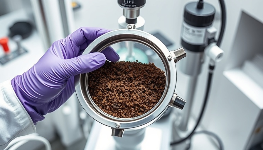 Scientist analyzing recycled coffee grounds with purple gloves.
