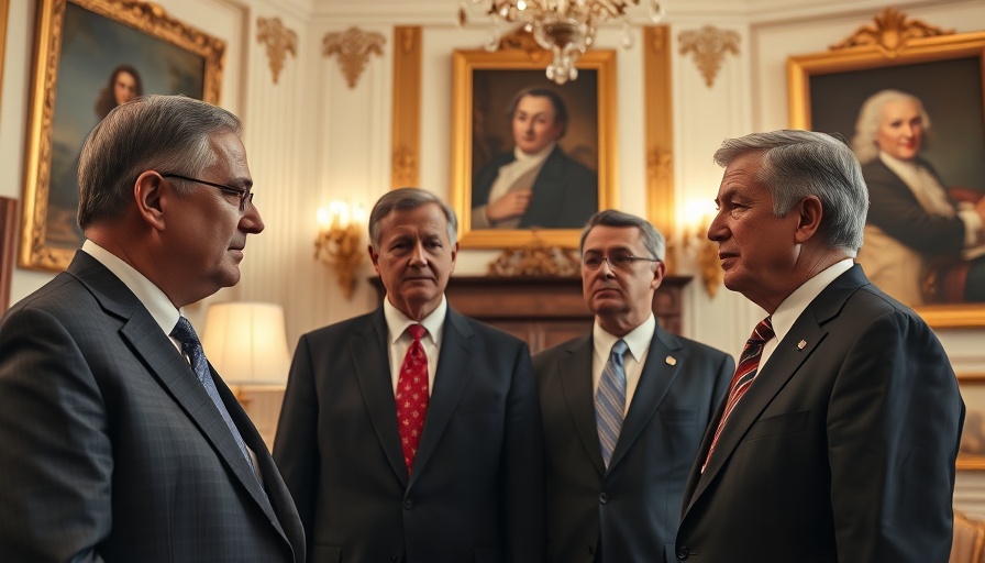 Prominent figures discussing in an elegant room, Trump and Netanyahu related.