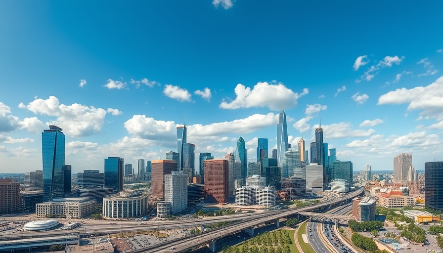 Aerial view of downtown Houston skyline in daylight.