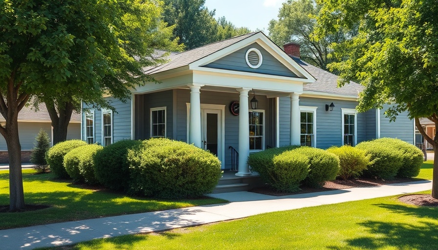 Small gray business building with columns in Houston suburb.