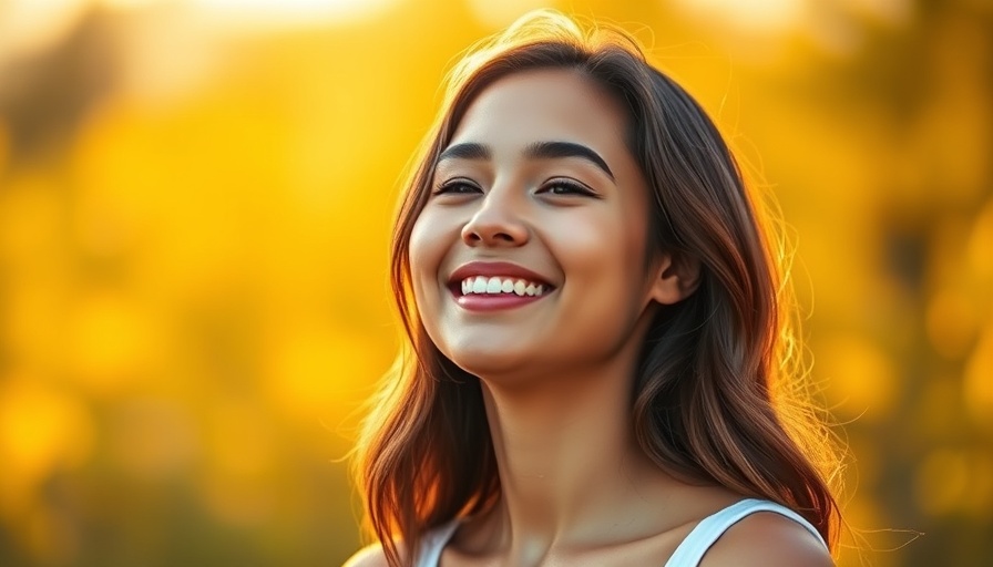 Serene young woman smiling in warm sunset light.