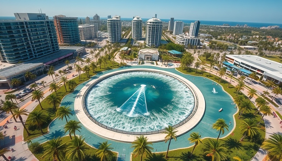 Austin surf parks and lagoons with modern buildings and lush greenery.