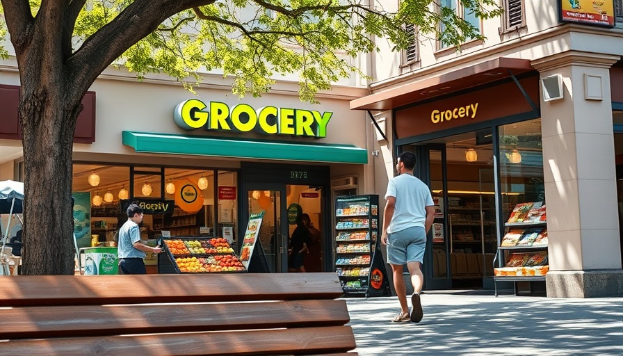 Urban street scene outside a Japanese deli in Austin, tree-shaded pathway.