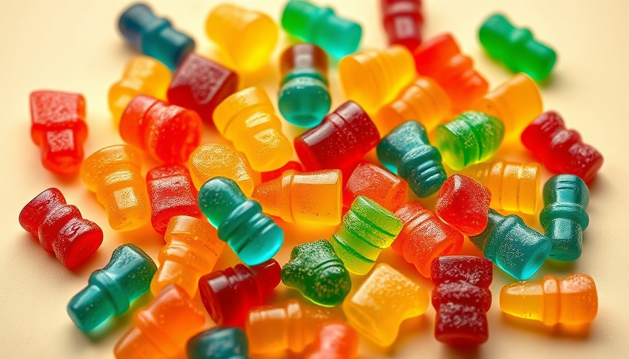 Colorful CBD gummies with cannabis leaf on table, questioning addiction.