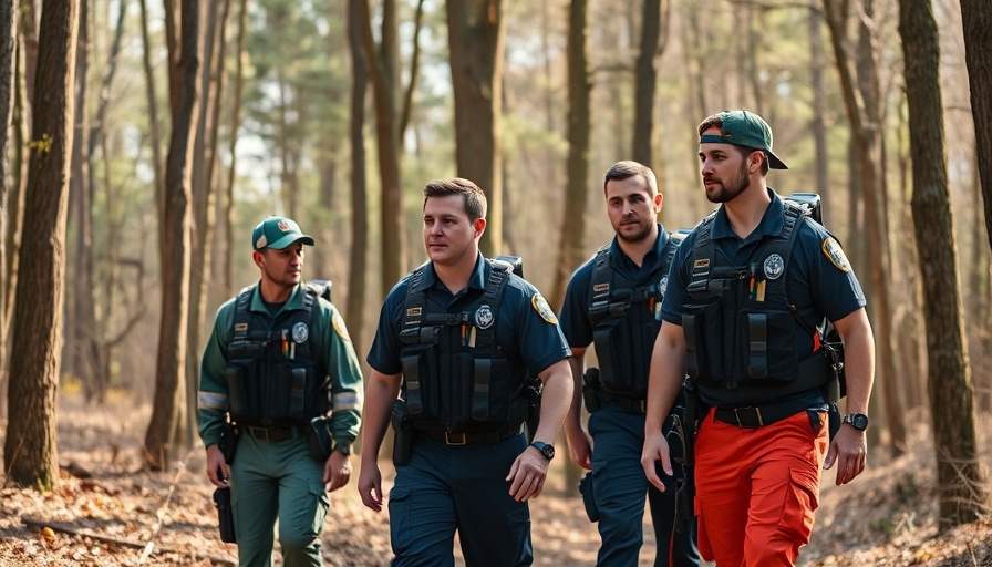 First responders in safety gear walking in nature for mental health support.