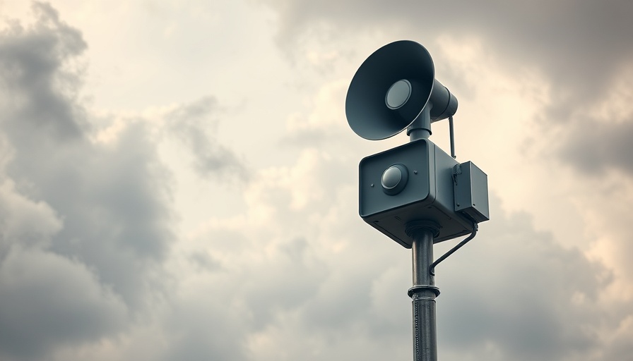 Outdoor warning siren against a cloudy Texas sky.