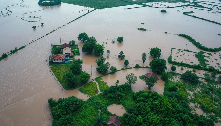 Flooded rural area near Austin, TX, showing submerged houses and landscape.
