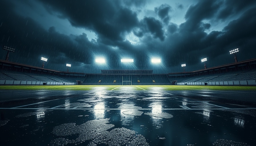 Rain-soaked empty sports field during MLC 2025 Qualifier Washout.