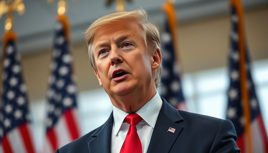 Confident man giving a speech with American flags in background, reflecting on Supreme Court decisions.