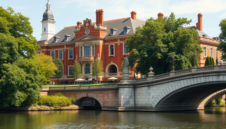 Red-brick Harvard building with bell tower over river, daytime view.