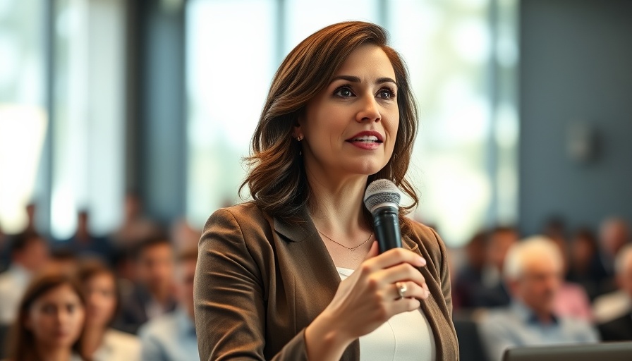 Professional woman speaking at conference, holding microphone.