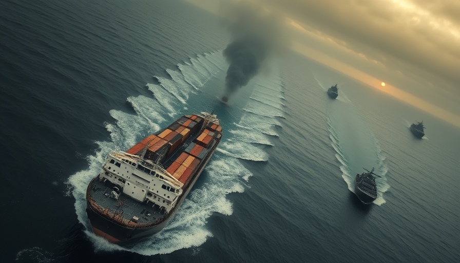 Aerial view of two cargo ships under smoky skies, tense maritime setting highlighting Houthi attacks.