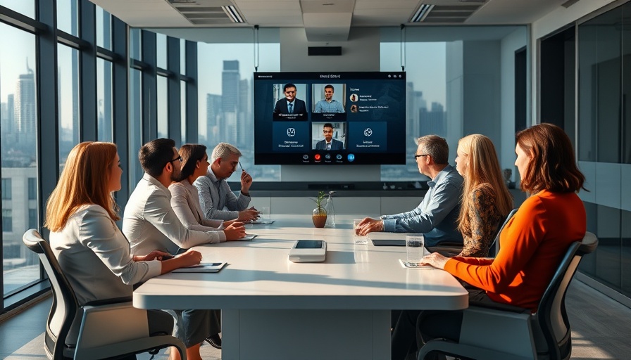 Professional conference call with diverse team in modern office.