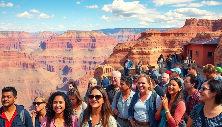 Tourists at Grand Canyon overlook under bright sky.