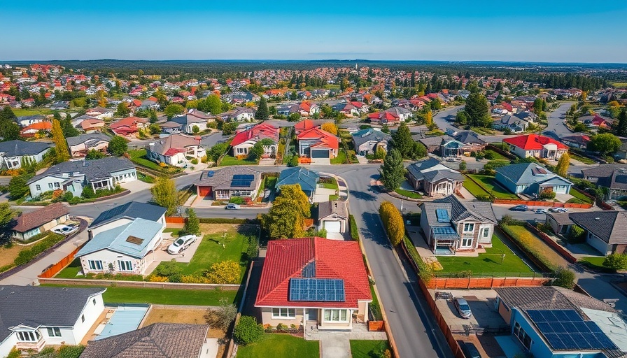 Aerial view of suburban neighborhood with homes and solar panels, highlighting homeowners lost equity.