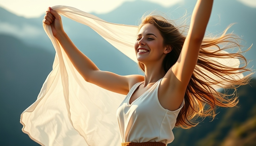 Young woman embracing freedom with mountain backdrop, navigating emotional pain.