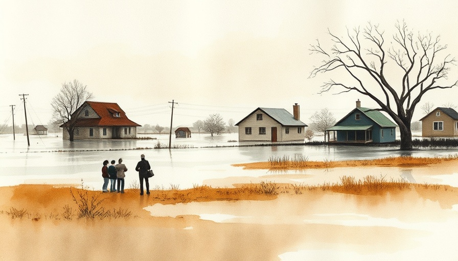 Abstract painting of healing Texas floods with community figures