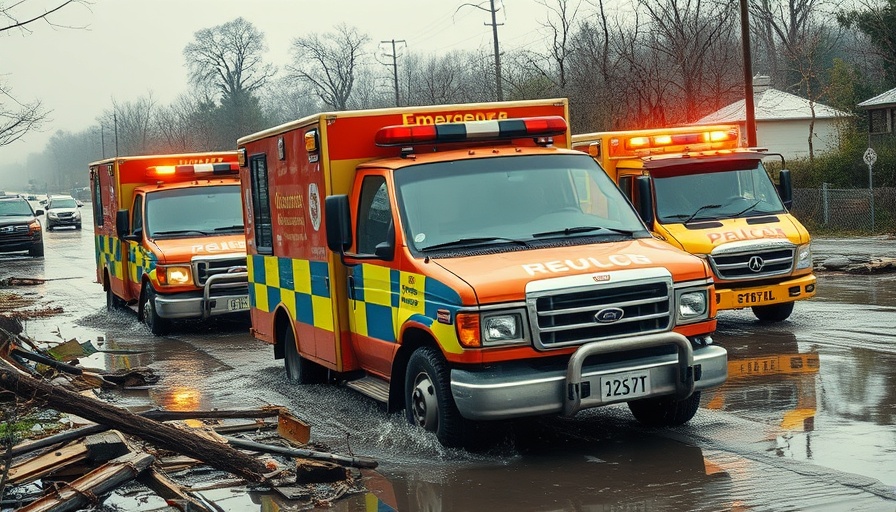 Emergency vehicles aiding flood recovery efforts amid debris and damage.