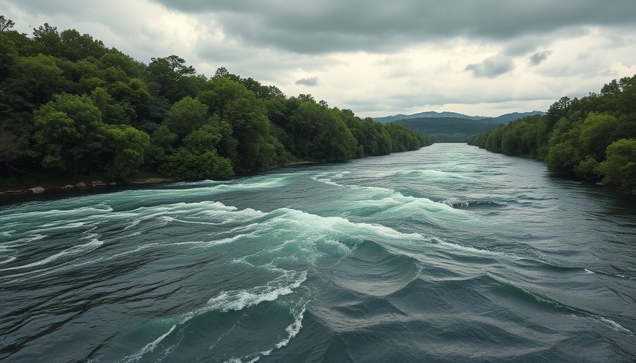 Swollen river flooding landscape, highlighting need for Early Warning Systems for Flood Preparedness.