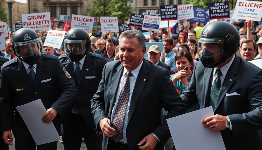 Security agents protect man at rally amid crowd with signs.