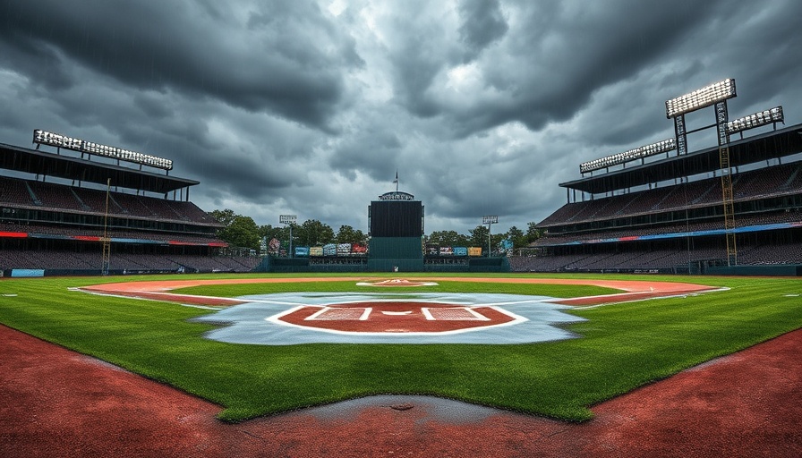 Mets rainout impact: empty field under heavy rain and dark clouds.