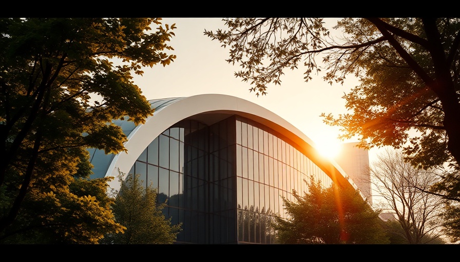 Modern building with curved roof and glass facade, related to Moody Center.