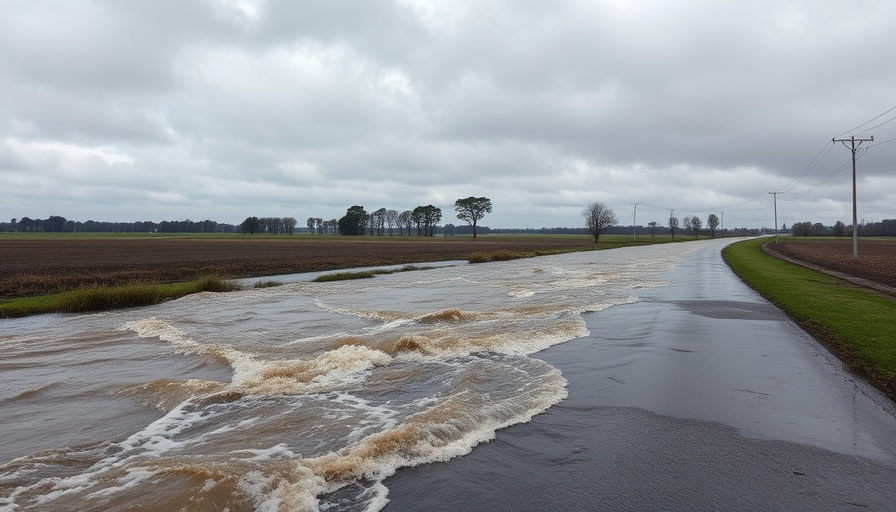 Central Texas flooding forecasting challenges depicted in a photorealistic landscape of a flooded rural road.